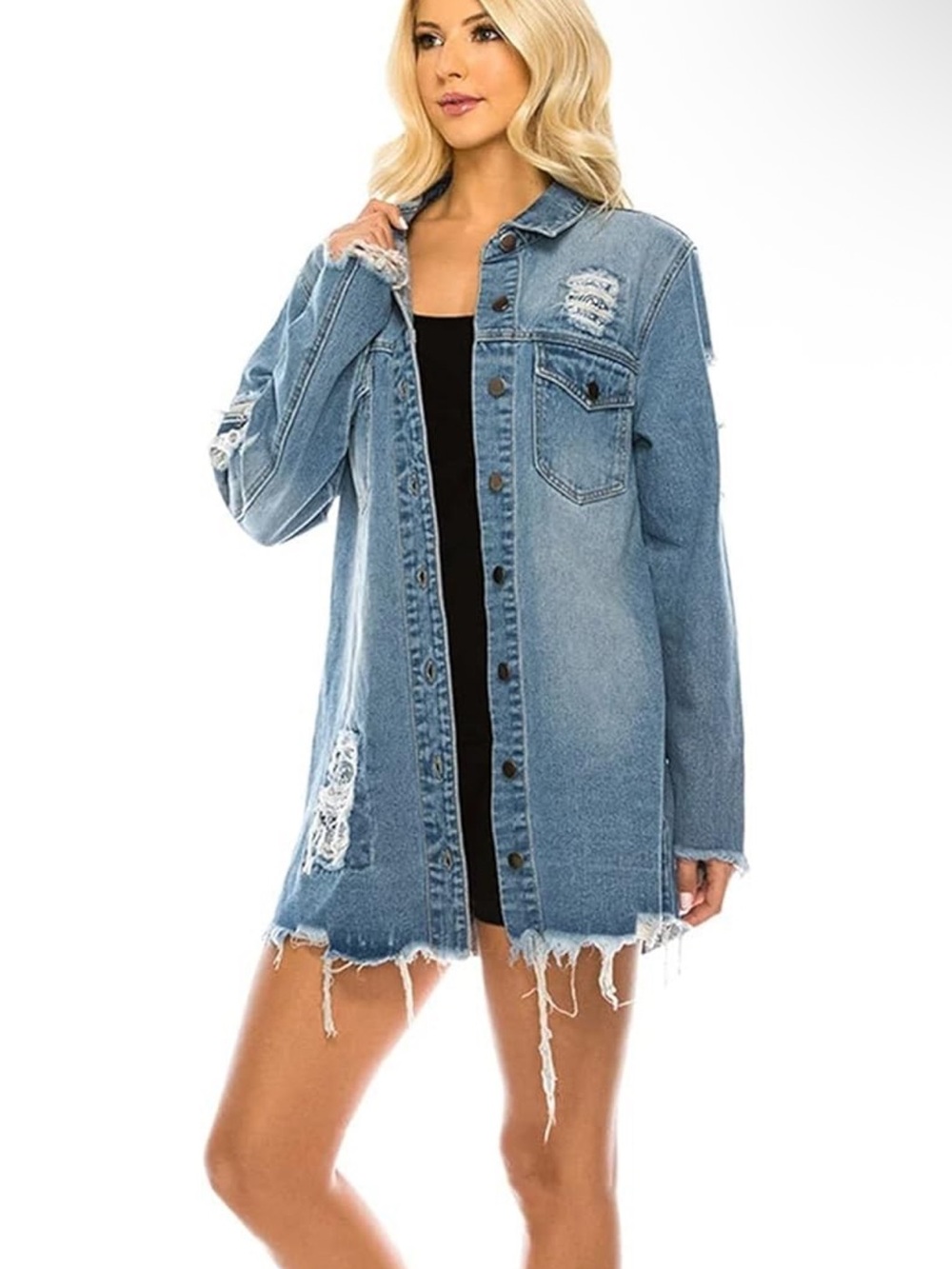 Distressed Light Blue Denim Jacket Hoodie for Women
